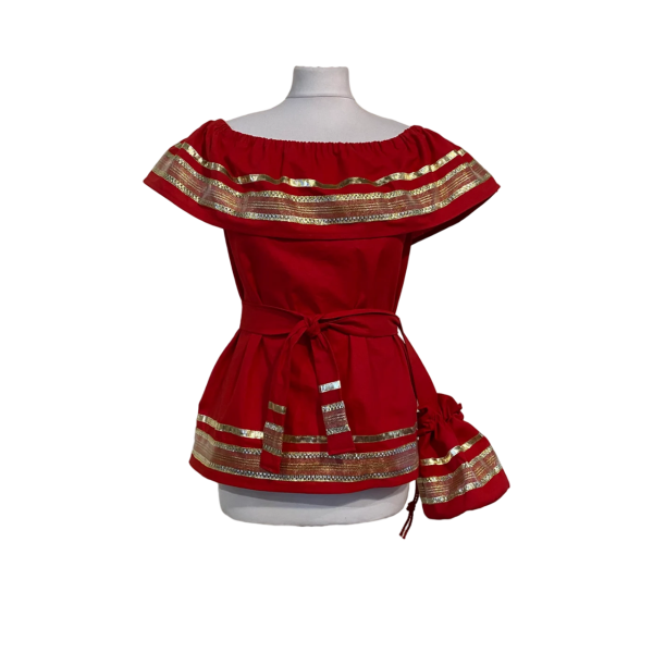 Mexican Blouse set with belt and bag ,Red and gold Top